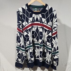 Vintage Jantzen Made In USA Blue & White Crewneck‎ Nordic Sweater Men Size XL